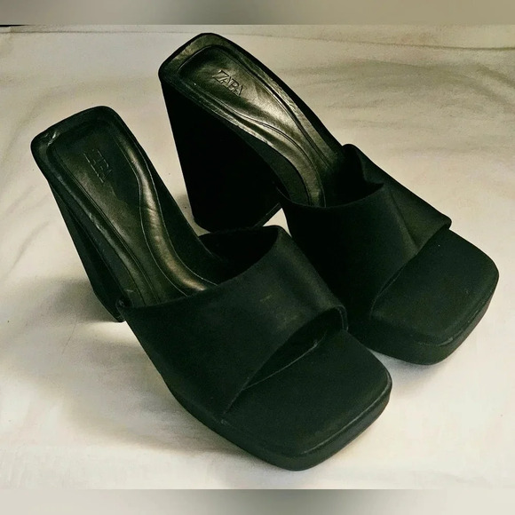 ZARA Y2K Black Satin Leather Square Toe Platform Heels Sz 7.5/ 8 US/38 Eu - Picture 2 of 14